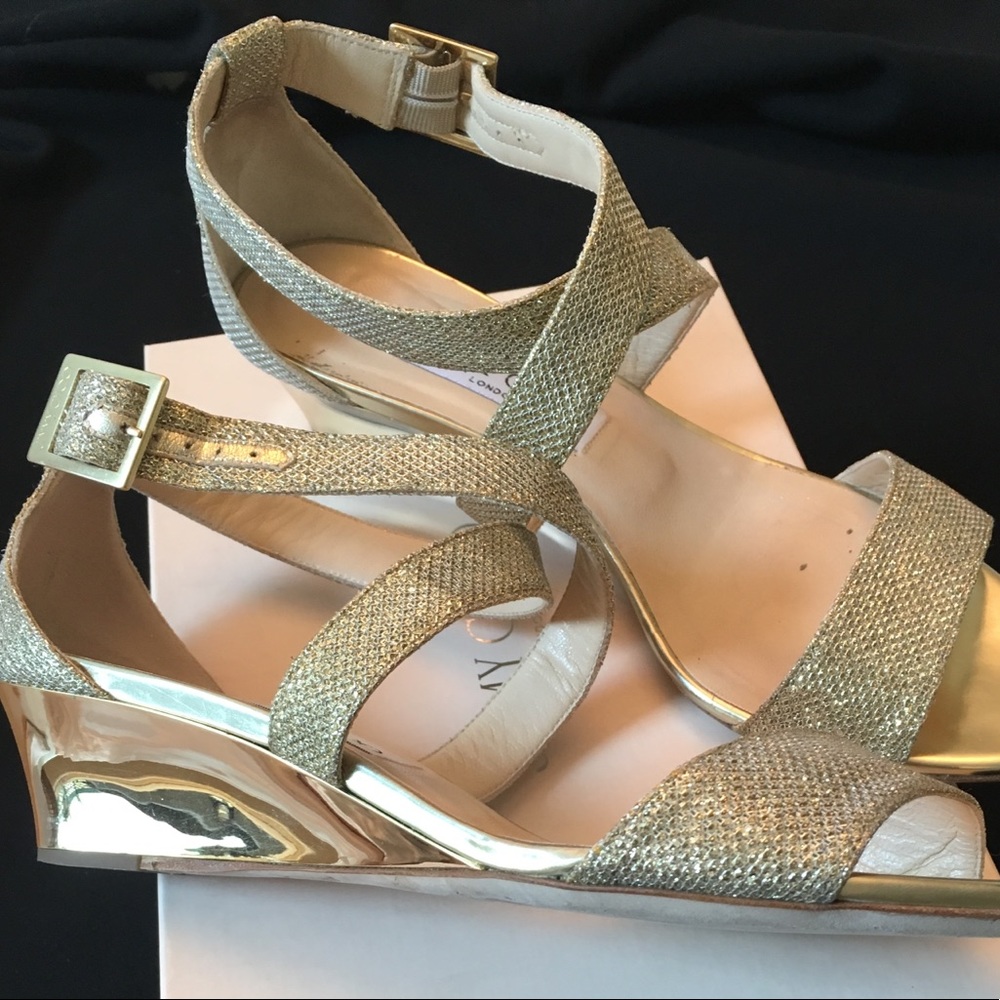 Jimmy Choo Gold Glitter Wedge Sz 39 - Picture 1 of 3